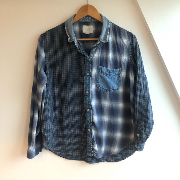 American Eagle mixed blue flannel denim button down shirt Sz XS - Picture 10 of 14